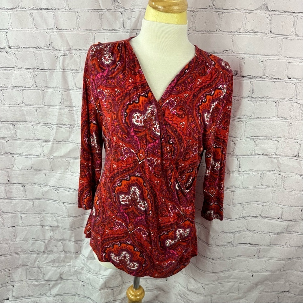 Talbots Red Paisley V-Neck crossfront Blouse sz XL petite 3/4 sleeve classic